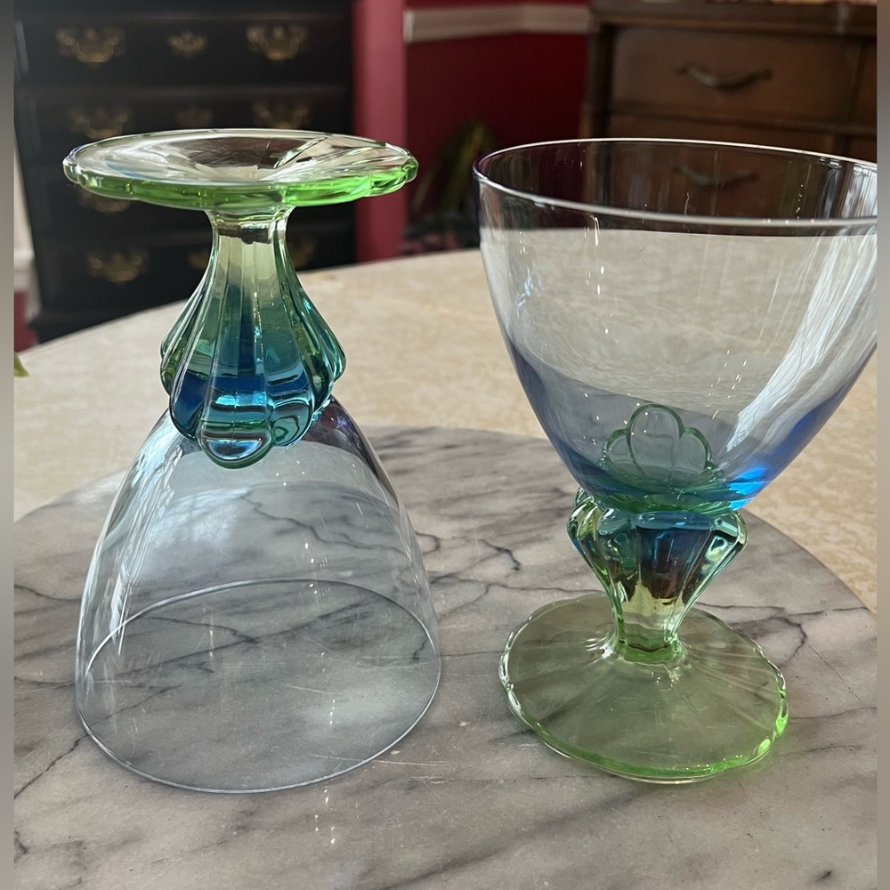 2 sets of 2 VTG Bormioli Rocco Bahia Glasses Blue & Green Stem Champagne Coupes